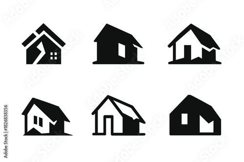 Abandoned House Logos. Dilapidated house with no sign of life. Icon set. Set Logo of abandoned home: roof caving inward. harmonious logo variations of the same
