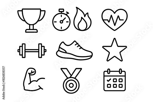 Fitness Motivation Icons. Fitness motivation. Line icon set of fitness motivation: trophy, stopwatch, flame, heart rate, barbell, shoe, star, muscle arm,