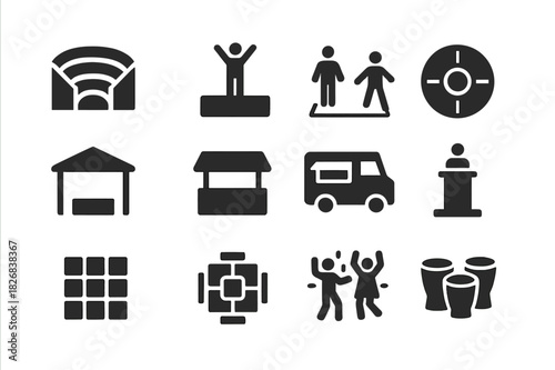 Gathering Spaces Icons. Gathering spaces. Solid icon set of Gathering spaces: amphitheater, raised stage, performance zone, circular plaza, canopy shade,