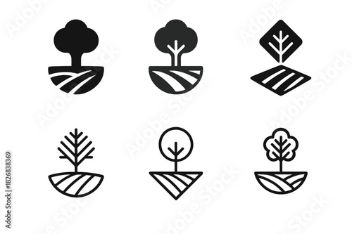Landowner Logo Variations. Landowner. Icon set. Set Logo of landowner: tree and land parcel icon. harmonious logo variations of the same emblematic concept,