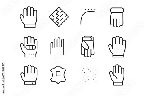 Leather Glove Icons. Leather Handwear. Line icon set of Leather Handwear: gloves, palm texture, stitching detail, cuff, reinforced knuckle, finger lines,