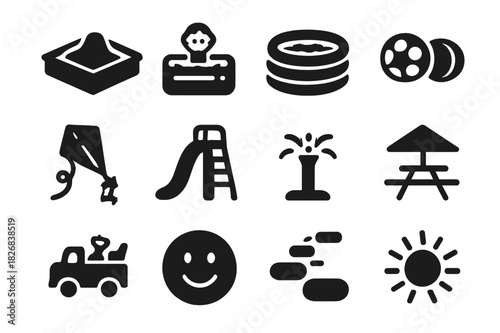 Outdoor Fun Icons. Outdoor entertainment. Solid icon set of Outdoor entertainment: sandbox, water play, inflatable pool, ball games, kite, slide, sprinkler,