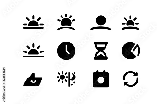 Time Icon Collection. Time of day. Solid icon set of Time of day: sunrise, morning, midday, afternoon, sunset, clock icon, hourglass, shadow angle, time block,