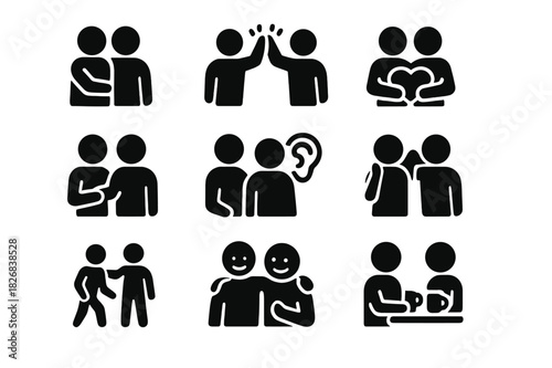 Supportive Friend Icons. Supportive friend. Solid icon set of Supportive friend: hug, high five, heart hands, shoulder pat, listening ear, phone call, helping