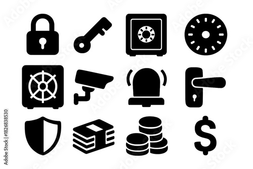 Secure Storage Icons. Secure storage. Solid icon set of Secure storage: lock, key, safe box, combination dial, vault door, security camera, alarm, handle,