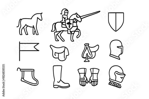Mounted Knight Icons. Mounted Knight. Line icon set of Mounted Knight: horse, armored knight, lance, shield, banner, saddle, stirrups, reins, boots, gauntlets,