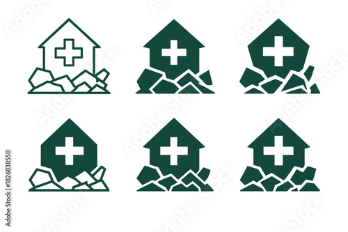 Disaster Recovery Icons. Assisting at disaster recovery sites and debris removal. Icon set. Set Logo of assisting at disaster recovery sites and debris