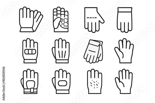 Leather Glove Icons. Leather Handwear. Line icon set of Leather Handwear: gloves, palm texture, stitching detail, cuff, reinforced knuckle, finger lines,