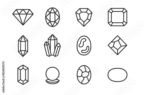 Line Art Gemstones. Gemstones. Line icon set of gemstones: diamond, sapphire, ruby, emerald, topaz, amethyst, opal, garnet, aquamarine, pearl, turquoise, jade.