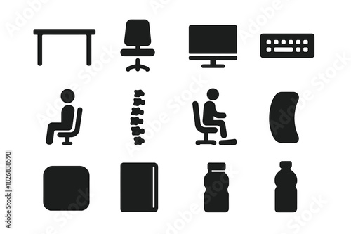 Ergonomic Office Icons. Office Posture Awareness. Solid icon set of desk, chair, monitor, keyboard, mouse, spine, posture icon, footrest, lumbar support,