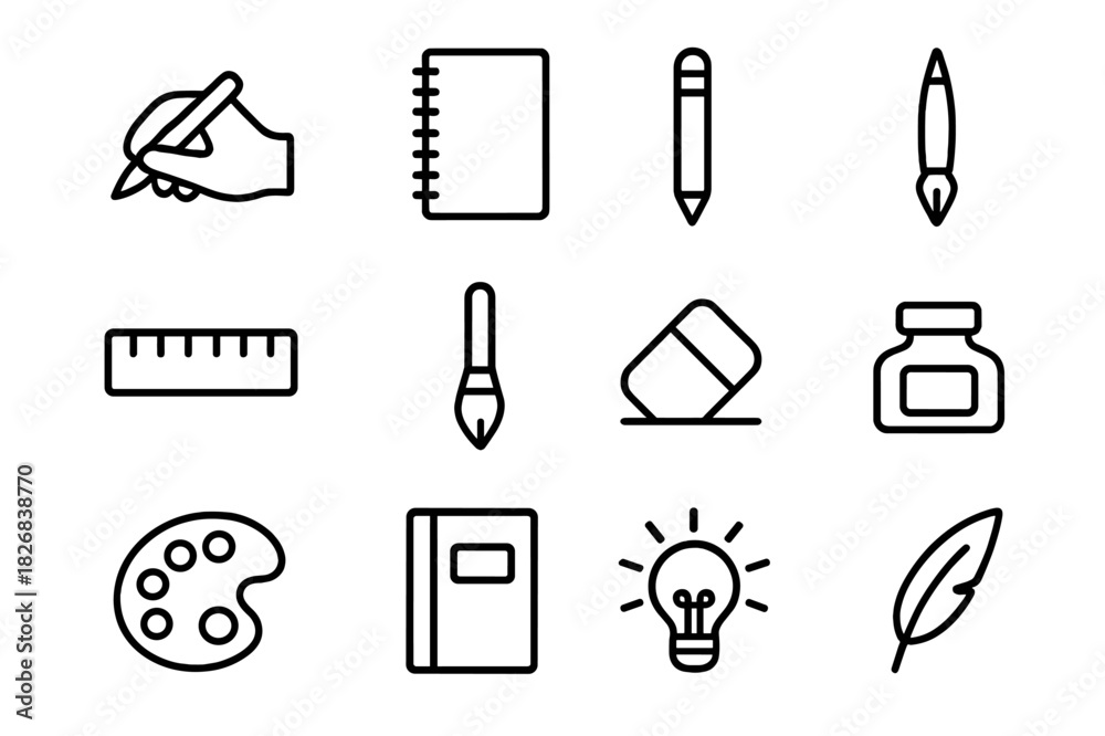 Fototapeta premium Art Tool Icon Set. Art Practice. Line icon set of Art Practice: hand drawing, sketchbook, pencil, pen, ruler, brush, eraser, ink bottle, palette, notebook,