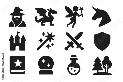 Magical Icons Grid. Magic Icons. Solid icon set of wizard, dragon, fairy, unicorn, castle, magic wand, sword, shield, spell book, crystal ball, potion,