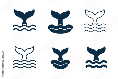 Harmonious Whale Logos. Oceans and seas. Icon set. Set Logo of oceans and seas: whale tail diving beneath surface waves. harmonious logo variations of the same