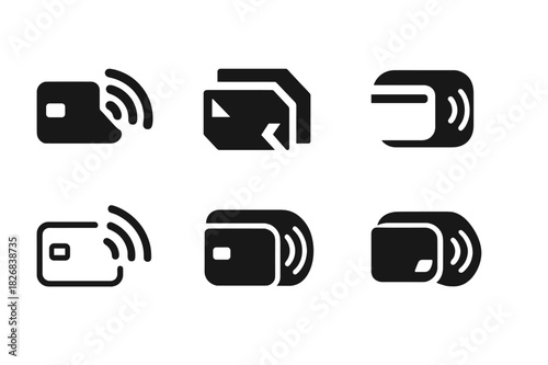 Cashless Payment Logos. Cashless payment setup. Icon set. Set Logo of cashless payment: NFC signal and card. harmonious logo variations of the same emblematic