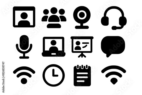 Online Meeting Icons. Online meeting. Solid icon set of online meeting: video chat window, multiple users, webcam, headset, microphone, laptop
