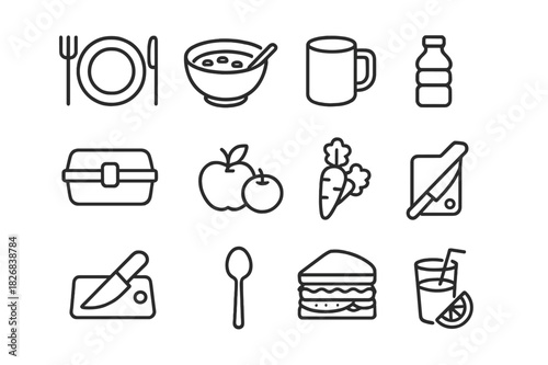 Meals & Nutrition Icons. Meals & Nutrition. Line icon set of Meals & Nutrition: plate with fork and knife, bowl of cereal, mug, water bottle, lunch box, fruit,