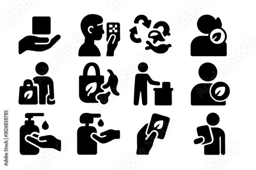 Consumer Interaction Icons. Consumer interaction. Solid icon set of Consumer interaction: hand holding package, scanning code, recycling action, reusable bag