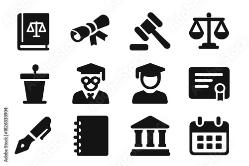Legal Education Icons. Legal education. Solid icon set of legal education: law book, diploma, gavel, scales, podium, professor, student, certificate, pen,