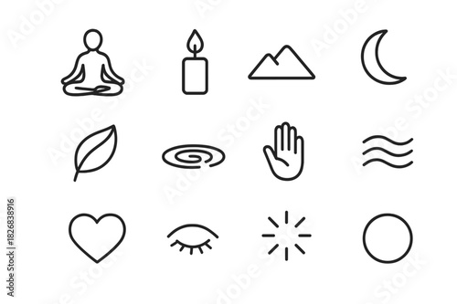 Meditation Symbol Icons. Meditation and stillness. Line icon set of meditation and stillness: lotus pose, candle, mountain, moon, leaf, water ripple, hand,