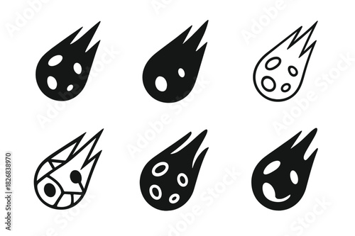 Meteorite Logo Variations. Meteorite. Icon set. Set Logo of Meteorite: Charred stone. harmonious logo variations of the same emblematic concept (Symmetrical