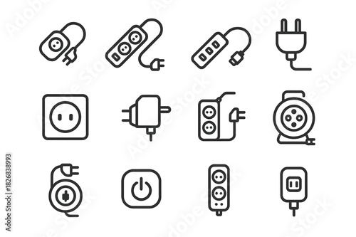 Compact Power Icons. Compact power. Line icon set of compact power: mini extension cord, portable power strip, USB hub, plug, wall socket, travel charger,