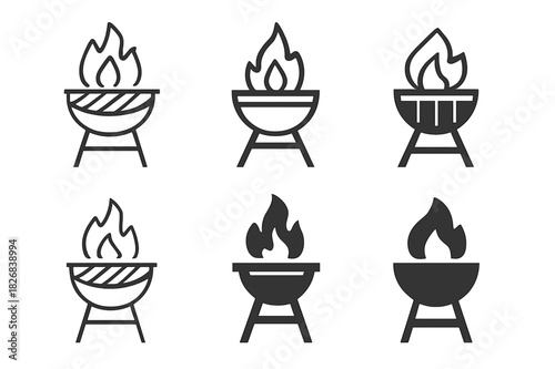 Grill Logo Variations. Grilling food. Icon set. Set Logo of grilling food: cookout and flame emblem. harmonious logo variations of the same emblematic concept,