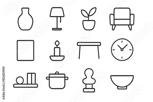 Minimalist Home Icons. Minimalist Decor. Line icon set of Minimalist Decor: vase, lamp, plant, chair, frame, candle, table, clock, shelf, pot, sculpture, bowl.
