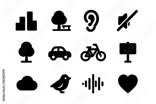 Quiet City Icons. Quiet City Initiative. Solid icon set of Quiet City Initiative: skyline, park, ear, mute symbol, tree, car, bicycle, signboard, cloud, bird,