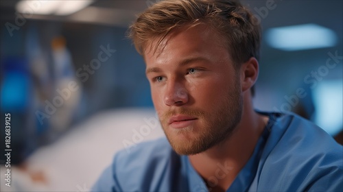 A doctor in an overwhelmed ER assessing multiple patients at once, sweat on their brow as alarms beep from every direction — medical crisis overload, emergency healthcare, and life-or-death