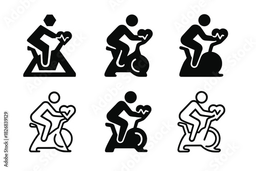 Indoor Cycling Logos. A person practicing indoor cycling, focused on endurance and intensity. Icon set. Set Logo of A person practicing indoor cycling, focused