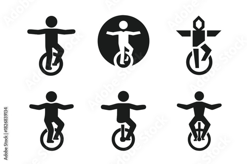 Juggling Balance Logos. Learning juggling or balance tricks. Icon set. Set Logo of learning juggling or balance tricks: unicycle rider balancing with