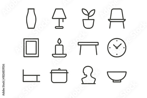 Minimalist Home Icons. Minimalist Decor. Line icon set of Minimalist Decor: vase, lamp, plant, chair, frame, candle, table, clock, shelf, pot, sculpture, bowl.
