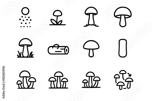 Mushroom Growth Icons. Mushroom Growth. Line icon set of Mushroom Growth: spore, mushroom sprout, young mushroom, mature mushroom, forest floor, log, cap,