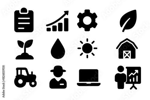 Agriculture Manager Icons. Agriculture manager. Solid icon set of agriculture manager: clipboard, graph, gear, leaf, plant, droplet, sun, barn, tractor,