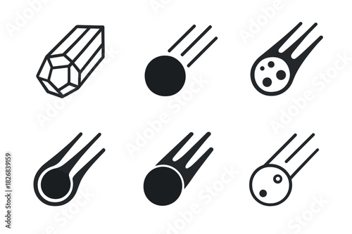 Meteor Shower Icons. Meteor shower. Icon set. Set Logo of meteor shower: Celestial body with trail. harmonious logo variations of the same emblematic concept,