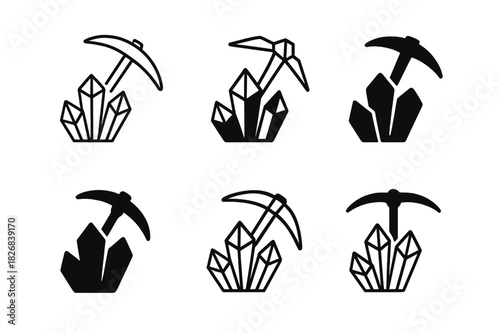 Geologist Logo Set. Geologist. Icon set. Set Logo of geologist: pickaxe and minerals. harmonious logo variations of the same emblematic concept, each with