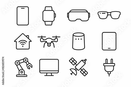 Smart Device Icons. Smart devices. Line icon set of smart devices: smartphone, smartwatch, VR headset, AR glasses, smart home hub, drone, speaker, tablet,
