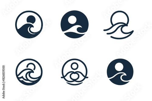 Moonlit Marine Logos. Marine life under moonlit waters. Icon set. Set Logo of marine life under moonlit waters: serene ocean wave under moon. harmonious logo