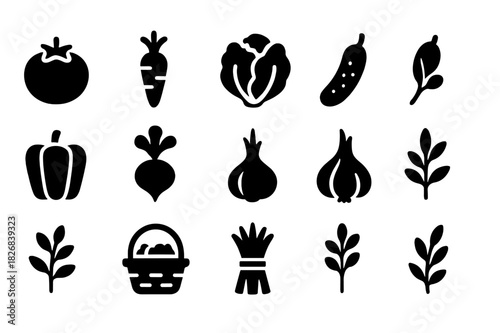 Fresh Produce Icons. Fresh produce. Solid icon set of Fresh produce: tomato, carrot, lettuce, cucumber, bell pepper, radish, onion, garlic, herbs, basket,