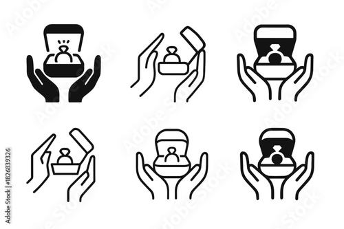 Surprise Ring Icons. Surprise ring box. Icon set. Set Logo of surprise ring box: hands opening jewelry box. harmonious logo variations of the same emblematic