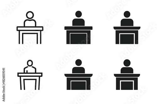 Courtroom Logos Grid. Courtroom scene with defendant. Icon set. Set Logo of courtroom: defendant standing at bench. harmonious logo variations of the same