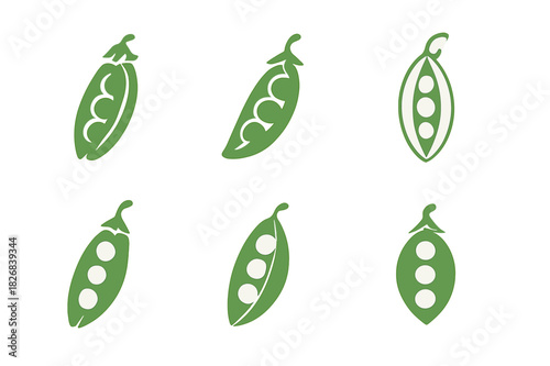 Pea Logo Variations. Pea. Icon set. Set Logo of Pea: Single pea pod. harmonious logo variations of the same emblematic concept (Minimal outline, Filled