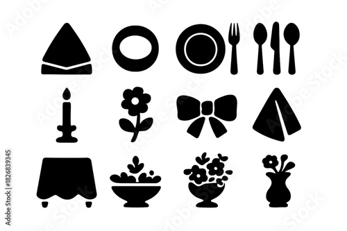 Dining Table Icons. Dining Table Decor. Solid icon set of Dining Table Decor: napkin, ring, plate, fork, knife, spoon, candle, flower, ribbon, cloth fold,