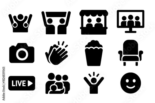 Spectator Icons Grid. Spectator experience. Solid icon set of Spectator experience: cheering crowd, fan banner, snack stand, big screen, camera icon, clapping