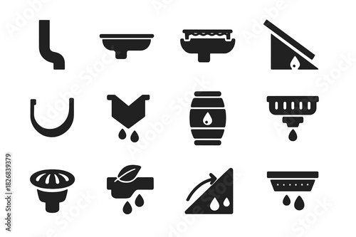 Roof Drainage Icons. Roof drainage. Solid icon set of Roof drainage: downspout, roof gutter, gutter guard, roof pitch, gutter bracket, water diverter, rain