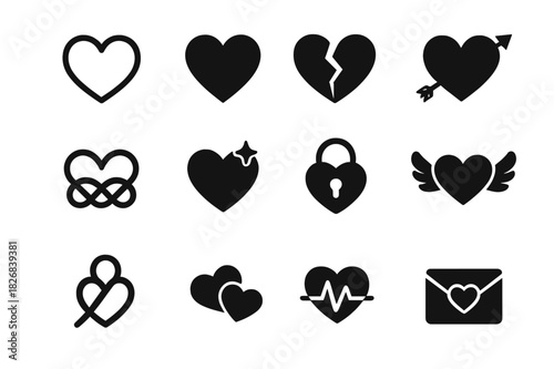 Heart Icon Collection. Heart symbols. Solid icon set of heart symbols: heart outline, filled heart, broken heart, arrow heart, infinity heart, spark heart,