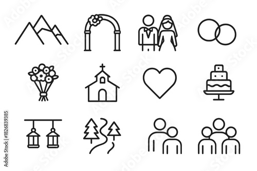 Mountain Wedding Icons. Mountain Wedding. Line icon set of Mountain Wedding: mountain peaks, wedding arch, bride and groom, wedding rings, bouquet, chapel,