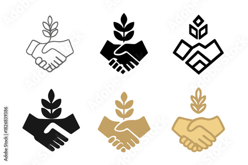 Agriculture Trade Logos. Trade in agricultural products and commodities. Icon set. Set Logo of trade in agricultural products and commodities: handshake over