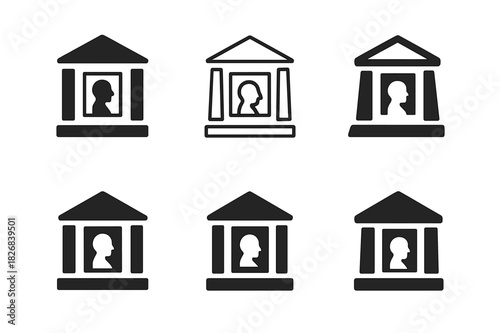 Museum Icon Variations. Visiting museums. Icon set. Set Logo of art exhibit. harmonious logo variations of the same emblematic concept (Filled silhouette,