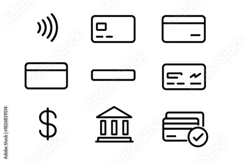 Digital Payment Icons. Digital Payment Icons. Line icon set of Digital Payment Icons: contactless payment symbol, credit card front, chip, credit card back,